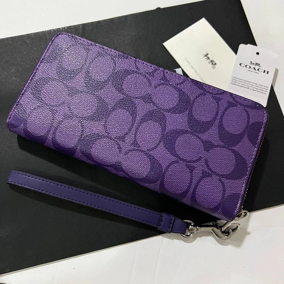 Coach Long Round Zip Wallet with Strap – Purple Signature C4452 – New