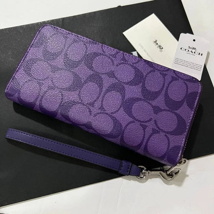 Coach Long Round Zip Wallet with Strap – Purple Signature C4452 – New