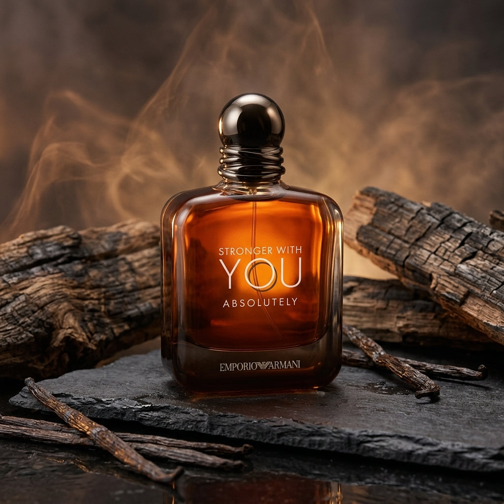 Armani Stronger With You Absolutely bottle with warm oak wood and vanilla accents