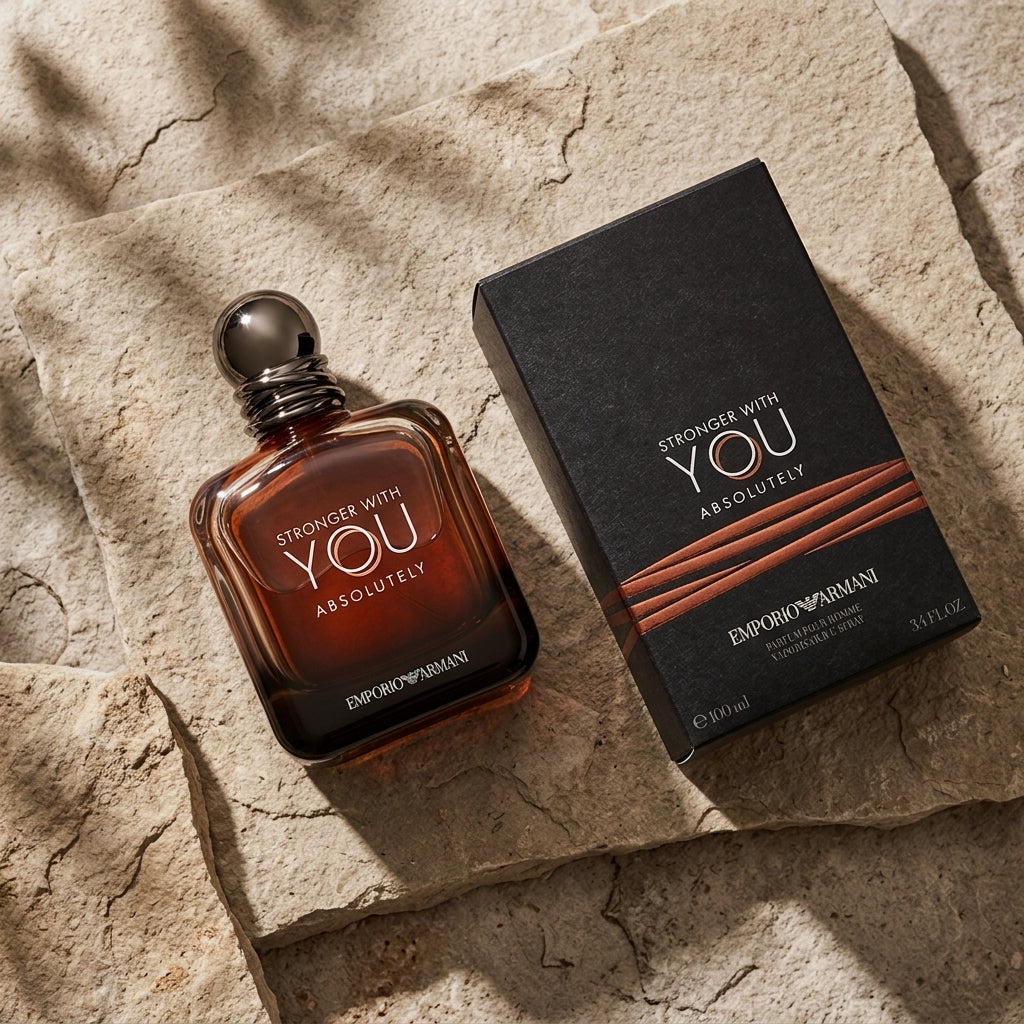 Armani Stronger With You Absolutely bottle and box editorial composition on neutral stone