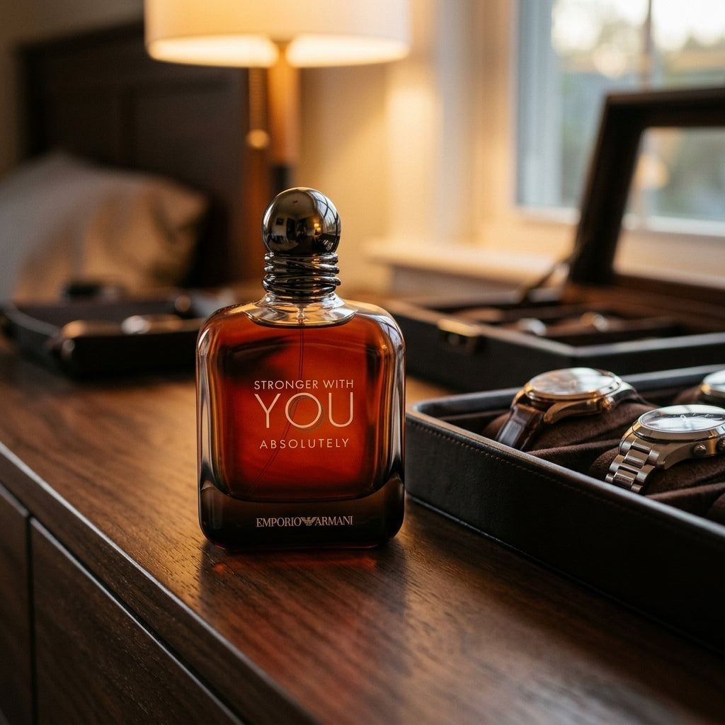 Armani Stronger With You Absolutely fragrance bottle on luxury wooden dresser lifestyle setup