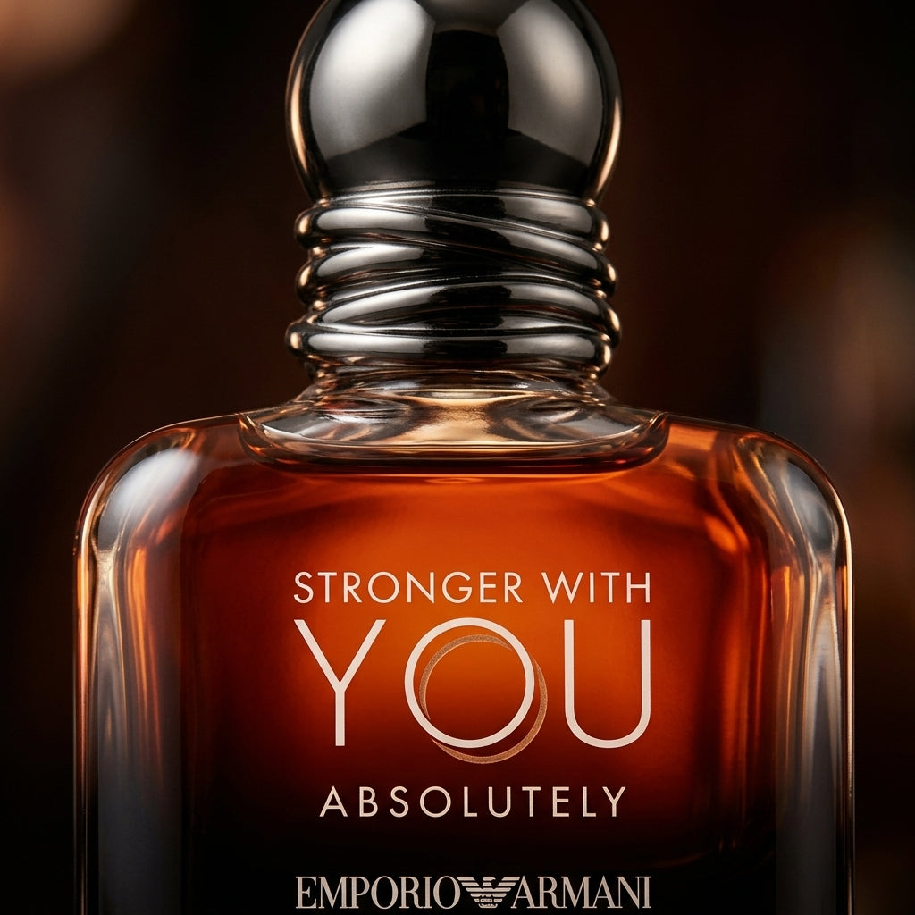 Detail close-up of Armani Stronger With You Absolutely fragrance cap and bottle lettering