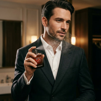 Emporio Armani Stronger With You Absolutely Parfum spray context with man in tailored suit