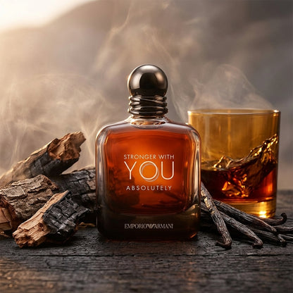 Emporio Armani Stronger With You Absolutely bottle with rum, cedarwood, and vanilla notes