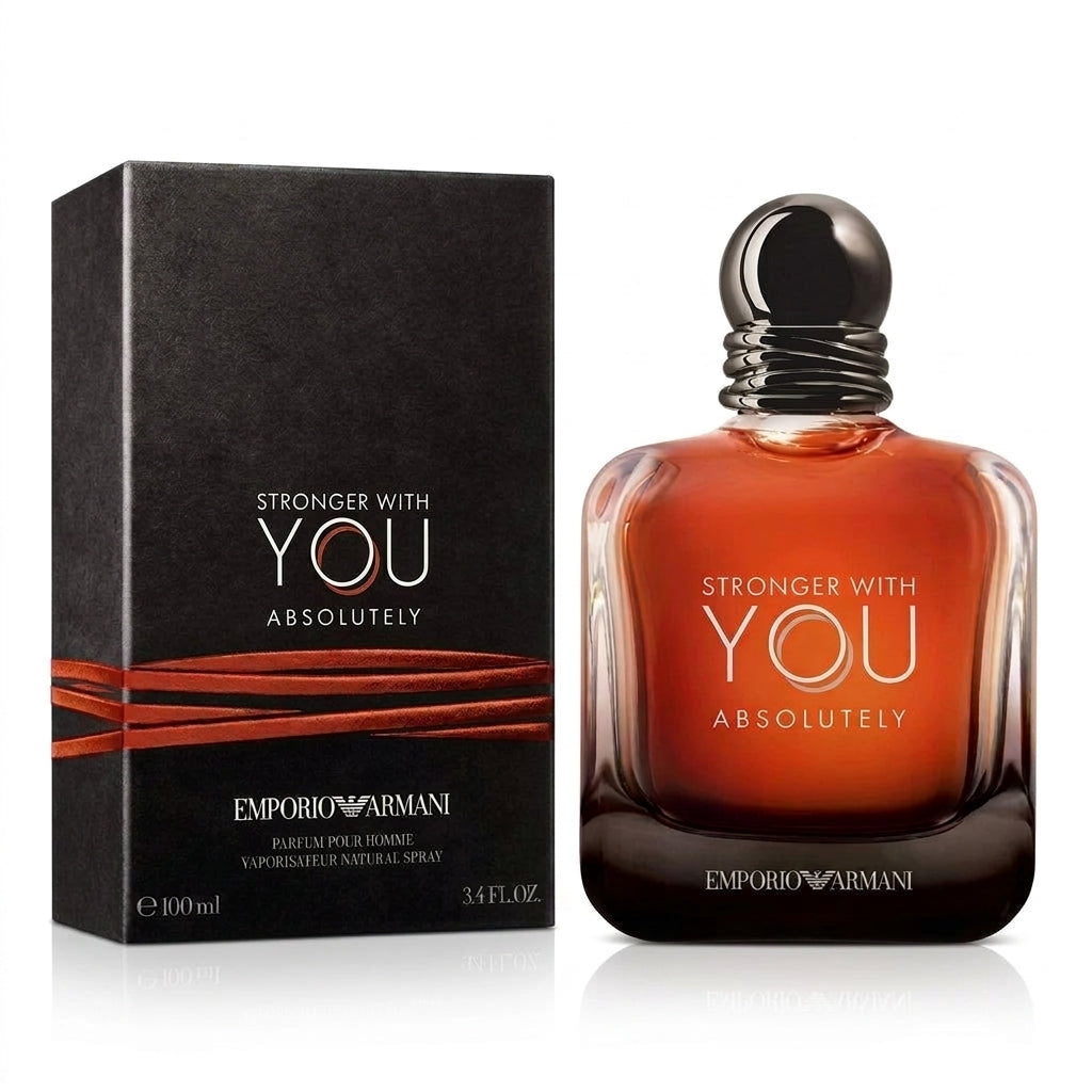 Emporio Armani Stronger With You Absolutely Parfum bottle and packaging on white studio background