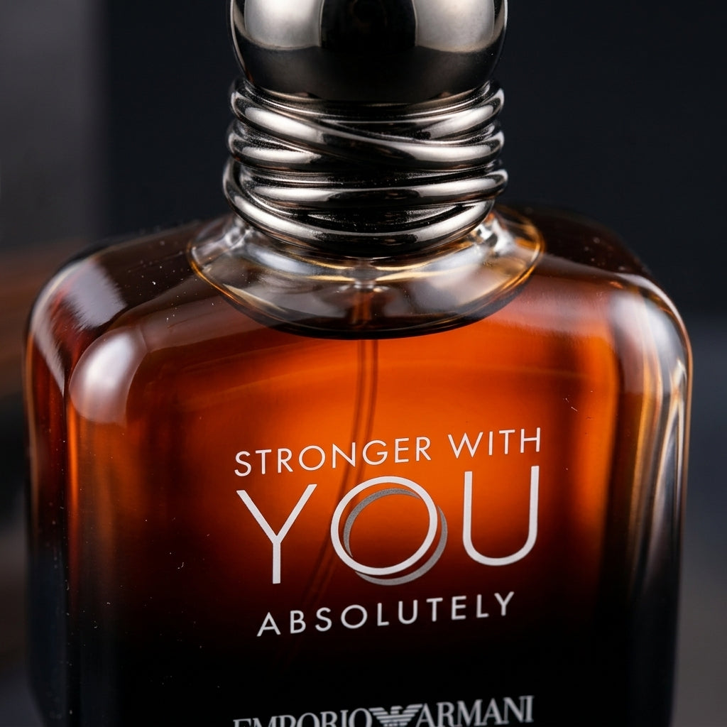 Close-up detail of Emporio Armani Stronger With You Absolutely cap and flacon lettering